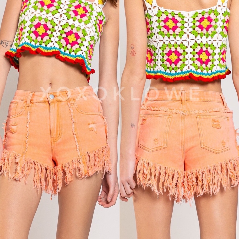 POL Orange Distressed Fringe Shorts